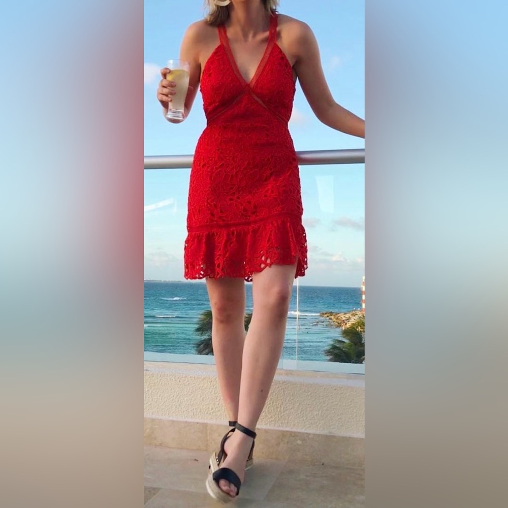 ASTR Red Lace V-Neck Ruffle Hem Mini Dress